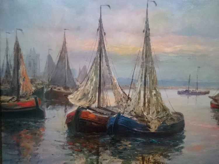 Obraz olejny Josef Dederichs kutry rybackie przy brzegu