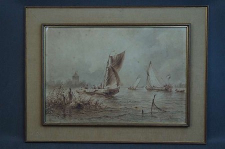 Johannes Hilverdink rybacy w łodziach akwarela 1853 !!!