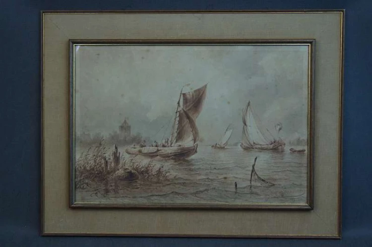 Johannes Hilverdink rybacy w łodziach akwarela 1853 !!!