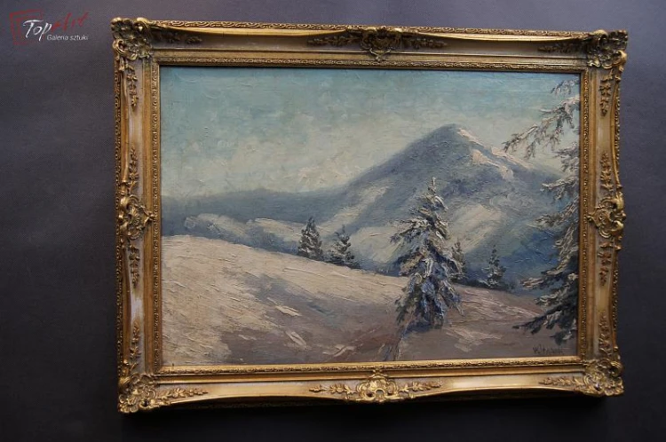 Karkonosze zimą stary obraz olejny
