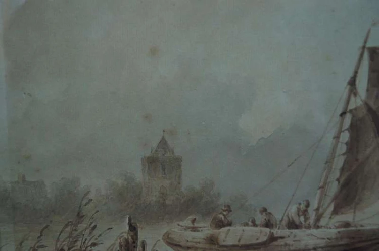 Johannes Hilverdink rybacy w łodziach akwarela 1853 !!!