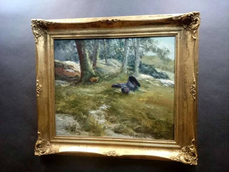 Obraz olejny Wilhelm SCHUSTERS potyczka Głuszec i Łasica
