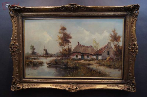 Stary obraz Hans Lenteman duży Holenderski krajobraz