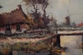 Stary obraz Hans Lenteman Holenderski krajobraz z Wiatrakiem 