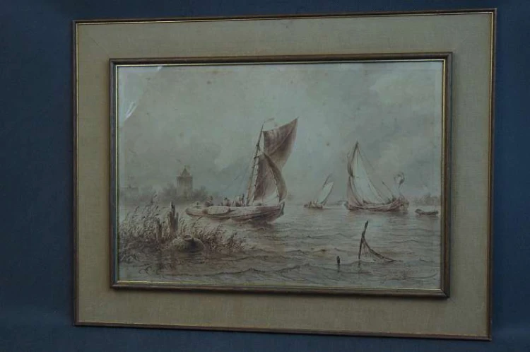 Johannes Hilverdink rybacy w łodziach akwarela 1853 !!!