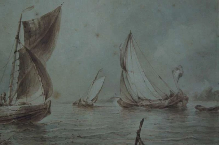 Johannes Hilverdink rybacy w łodziach akwarela 1853 !!!