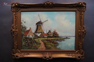 Holenderska wieś z wiatrakiem stary obraz !!!