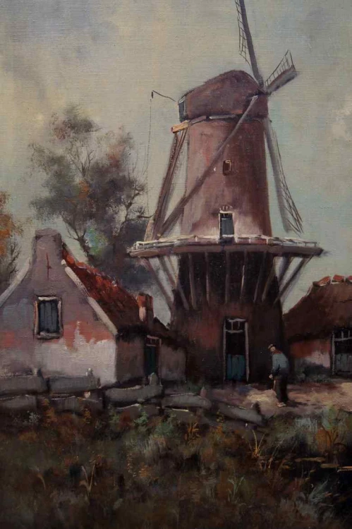 Stary obraz Hans Lenteman Holenderski krajobraz z Wiatrakiem 